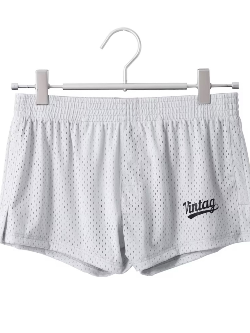 Vintage White Mesh Athletic Shorts with Navy Script Logo